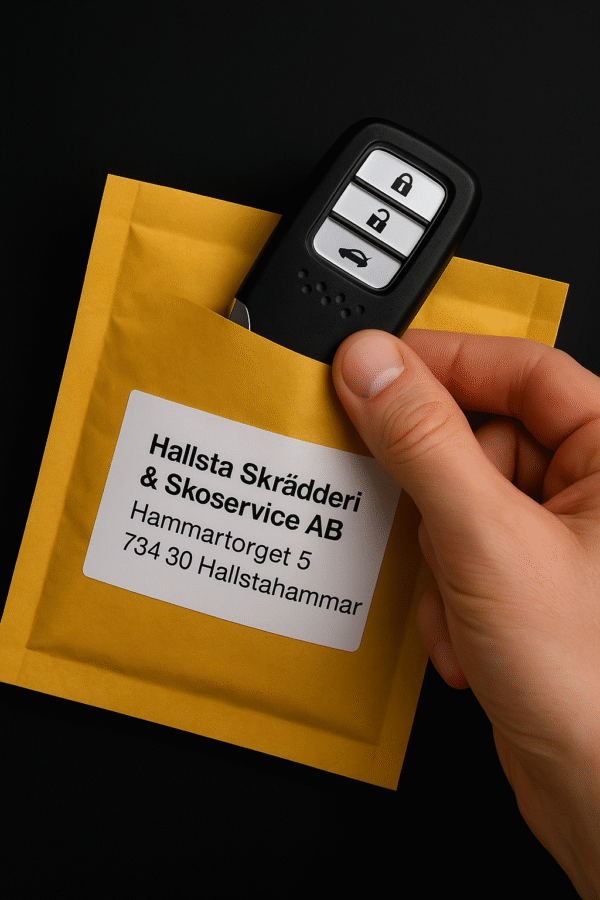 Skicka bilnyckel till Hallsta Skrädderi & Skoservice AB, Hammartorget 5, 734 30 Hallstahammar
